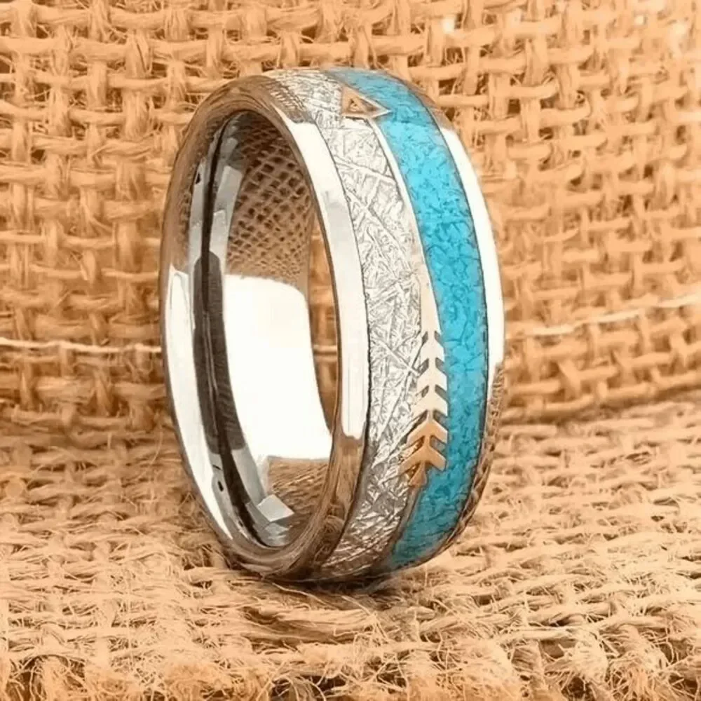 Western Arrow Turquoise Inlay Stainless Steel Wedding Mens Ring
